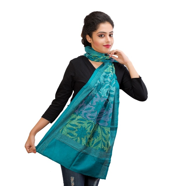 Twaksati Silk Blue Green Kantha Stole